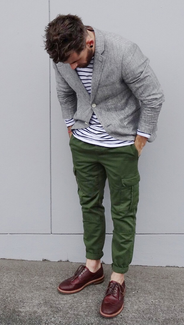 grey shirt green pants